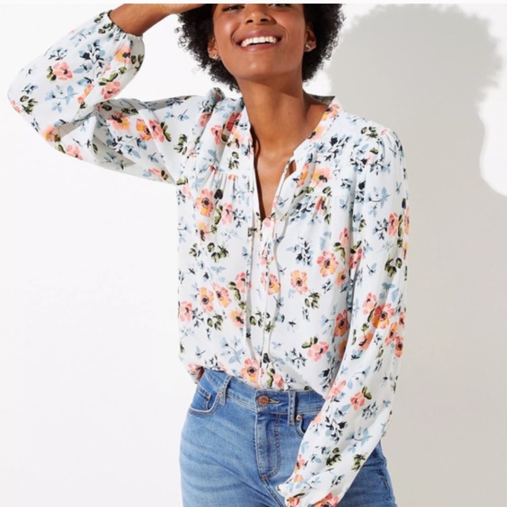 Loft Floral Shirred Split Neck Blouse